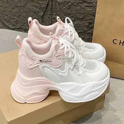 Мода 8,5 см Высокие каблуки Массивные Кроссовки смешанных цветов Новые Летние Женские Платформа Спорт Дышащая сетка Женские На шнуровке Толстая подошва Обувь