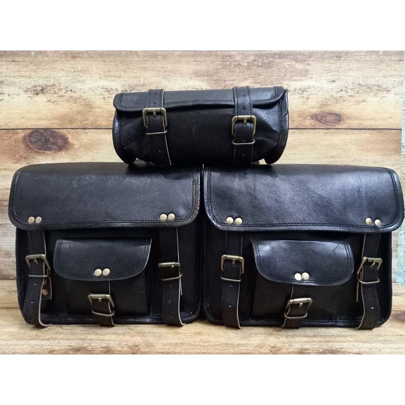 Handmade Black Leather Motorcycle Saddlebag Set: Panniers & Tool Pouch