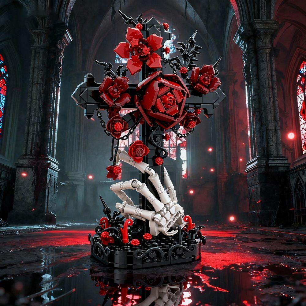 2026 НОВЫЙ MOC Темный Готический Декор: Модель из строительных блоков «Букет роз со черепом и вороной»