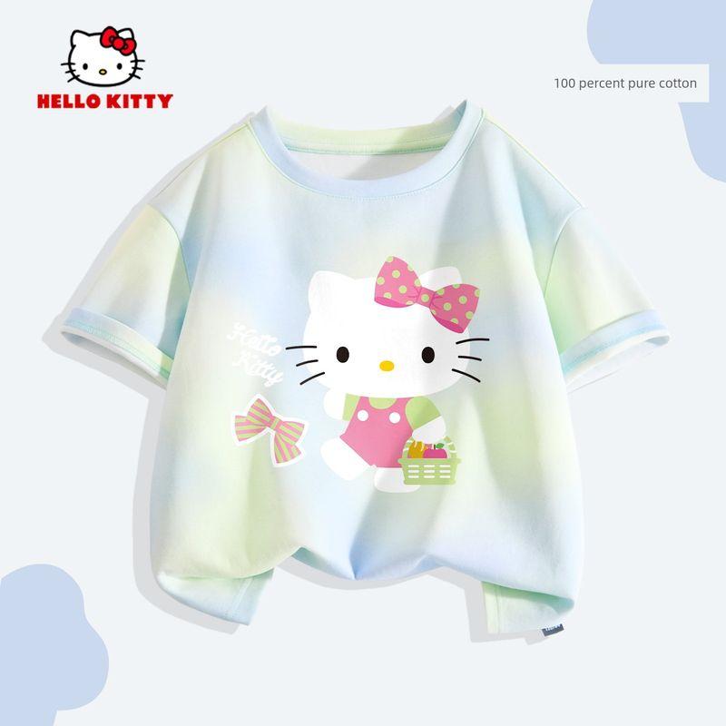 Детская футболка Hello Kitty с коротким рукавом 2026 Новая Чистый хлопок Радуга Детская летняя одежда Тай-дай Милая одежда Модная