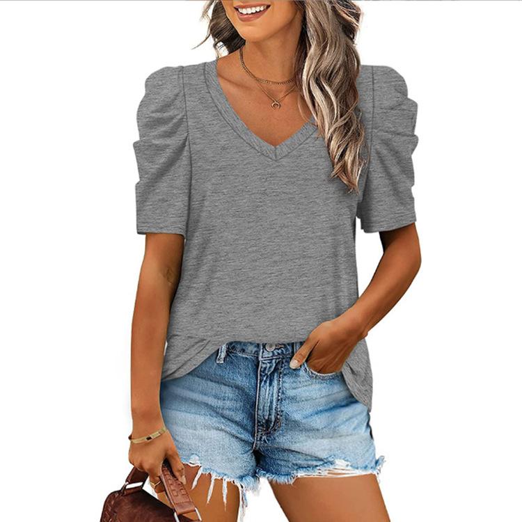 Летняя женская винтажная однотонная футболка со свободным плиссированным рукавом и повседневным топом