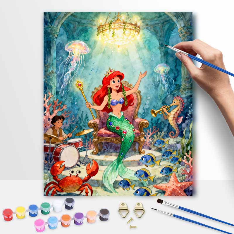 Disney digital oil painting diy oil painting hand painting mermaid undersea music scene living room bedroom decoration painting