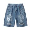 American Vintage Graffiti Denim Shorts Loose Wide Leg Distressed Raw Hem Casual Streetwear