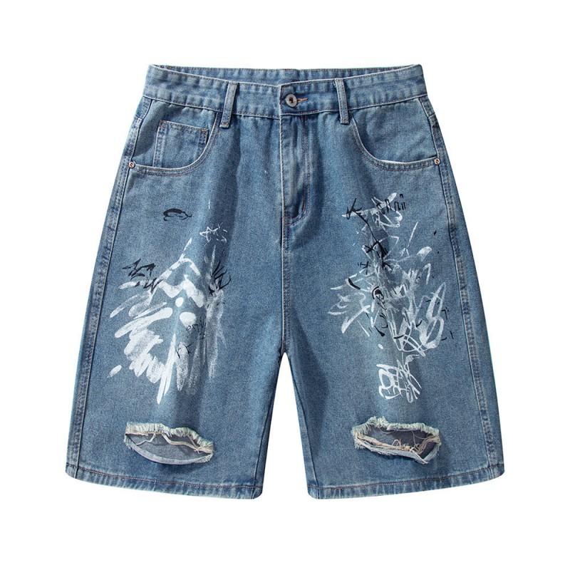 American Vintage Graffiti Denim Shorts Loose Wide Leg Distressed Raw Hem Casual Streetwear