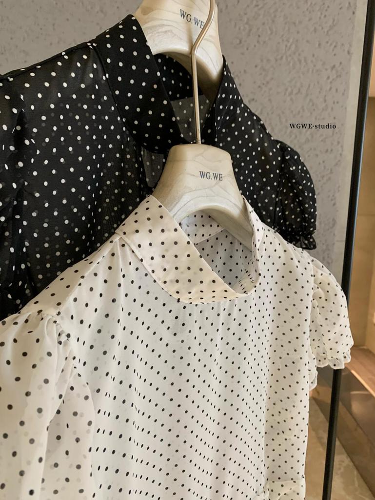 Polka Dot Short-Sleeve Shirt with Pleated Waist - Women's Spring/Summer Trendy Top