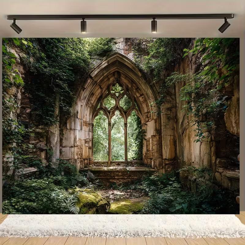 2D Abandoned Cathedral Archway Covered in Ivy and Moss Party Backdrop