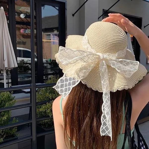 WTEMPO Женские однотонные повседневные универсальные летние солнцезащитные пляжные шляпы в стиле ретро с элегантным кружевным бантом и большими полями, складные солнцезащитные шляпы