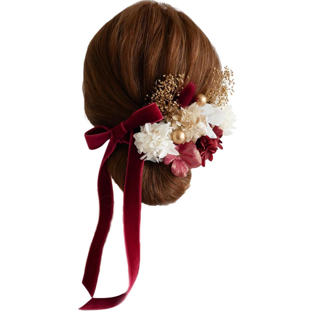 Preserved Flower Hair Velvet for and Japanese Clothing [Bria] Ornament, (Red), Coming-of-Age Ceremonies, Graduations, Weddings, Shichi-Go-San,