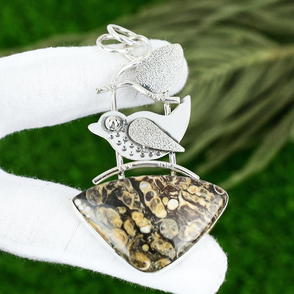 Trillion Natural Turritella Agate Daughter Pendant Jewelry 925 Sterling Silver