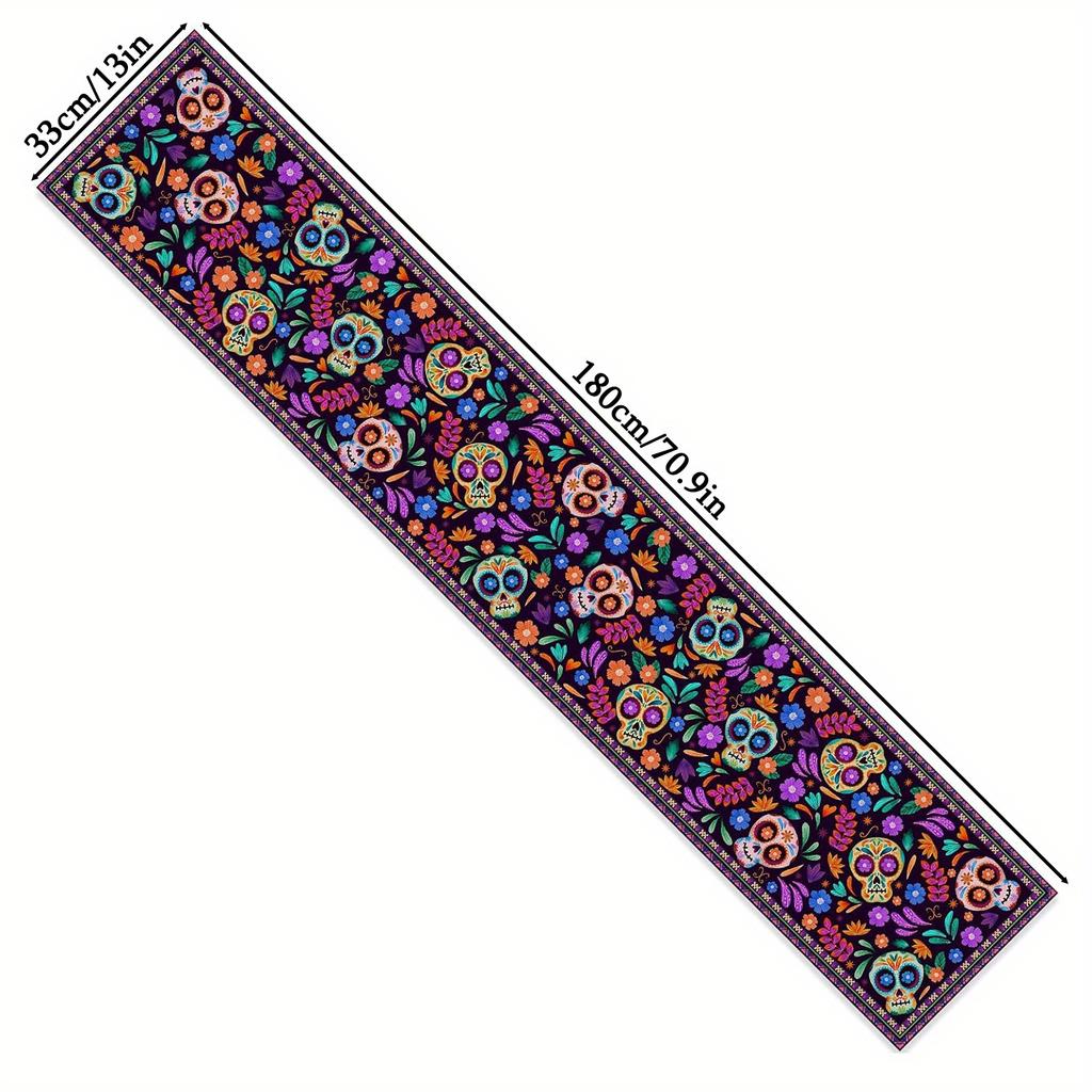 3pcs Table Runner Rustic Linen Mexican Sugar Skull Day of The Dead Decoration for Home Kitchen Dining Room Festive Flowers and Sugar Skulls Decorate