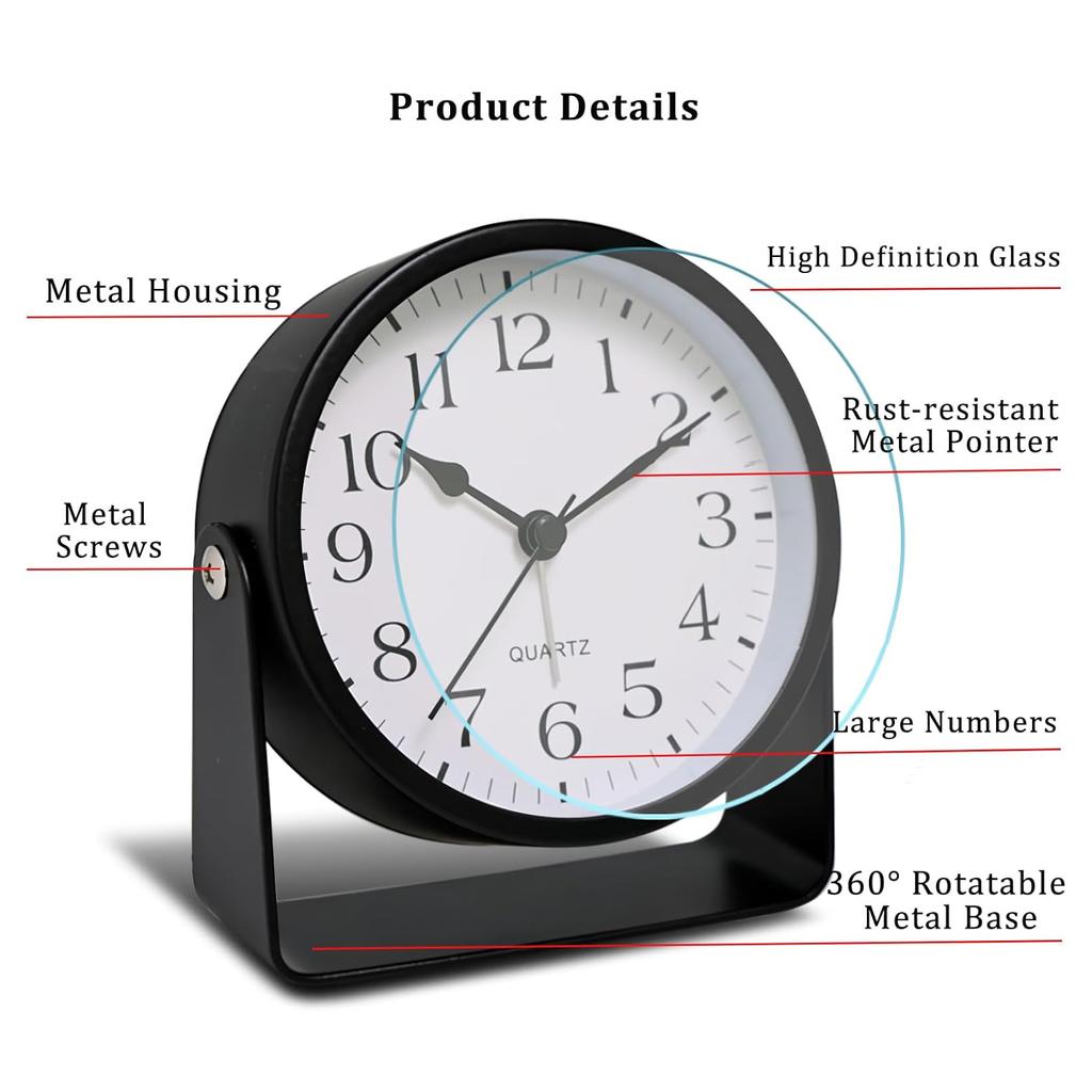4,5-дюймовый аналоговый будильник, бесшумные не тикающие маленькие вращающиеся металлические настольные часы с подсветкой