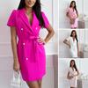 Леди деловое платье с отложным воротником, V-образным вырезом, короткими рукавами, двубортным, с поясом, с узкой талией, однотонное