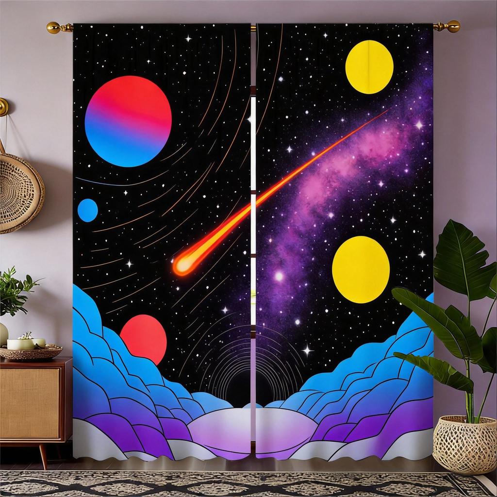 Galaxy Curtains 2pcs – Black and White Planets Stars Print, Astronomical Art Decor for Bedroom Living Room
