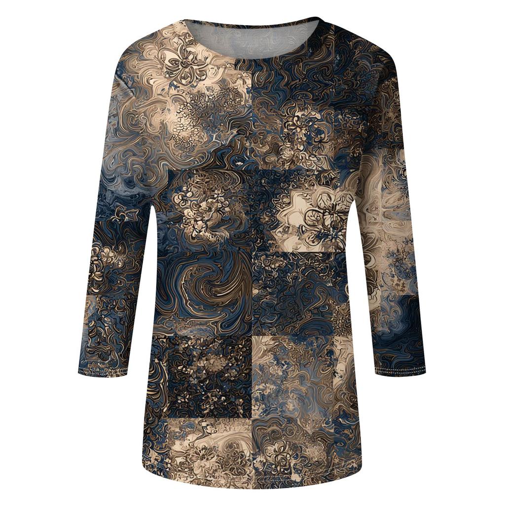 Модный винтажный топ с рукавом три четверти для женщин, женская повседневная блузка-футболка с круглым вырезом и принтом