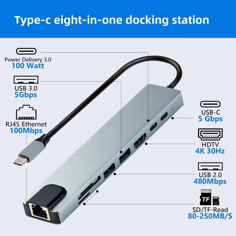 Хаб USB C 8 в 1 Адаптер Type C к HDMI с портами Ethernet USB Многопортовая док-станция для ноутбука MacBook
