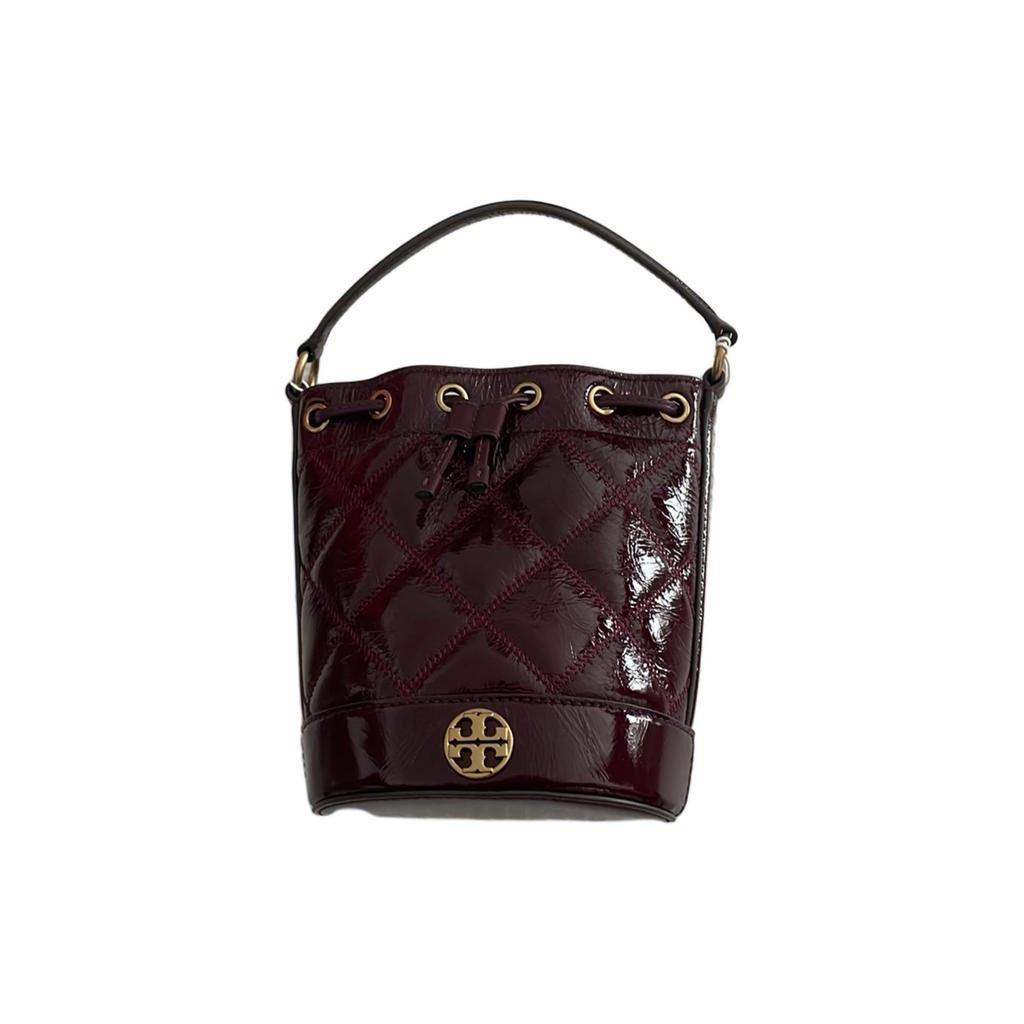 Tory Burch Metal Logo Drawstring Closure Leather Bucket Bag Women bags Burgundy 152044-690