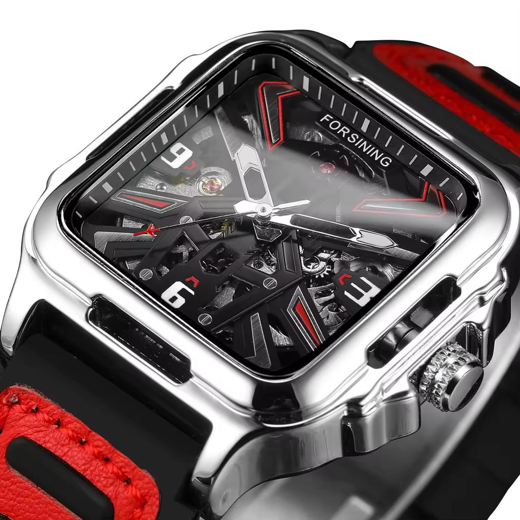 Luxury Square Transparent Skeleton Mens Watches Field Sports Rubber Band Mechanical Watch Luminous Waterproof Reloj Hombre 2024