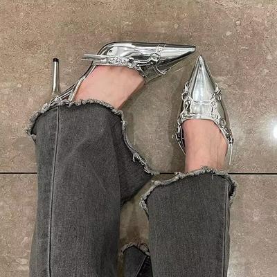 Серебристые босоножки на высоком каблуке Женские Летние Панк Готические Туфли с острым носком для вечеринки Женские Металлические на тонком каблуке Платье-лодочки Женские