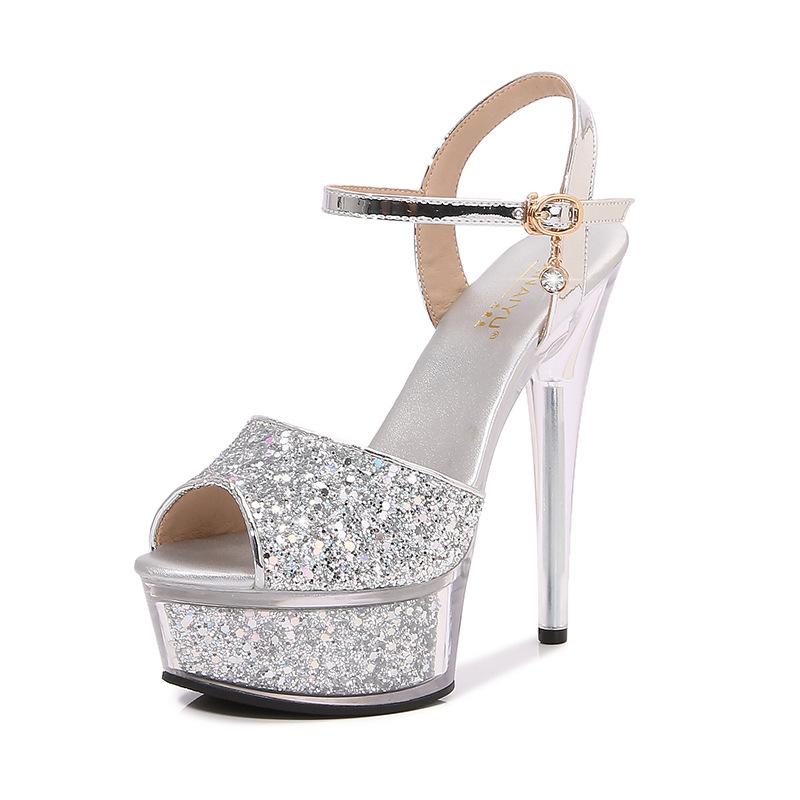 Летние новые супер высокие каблуки водонепроницаемые сандалии с рыбьим носком на прозрачной подошве, хрустальная подошва, пряжка со стразами, сексуальные