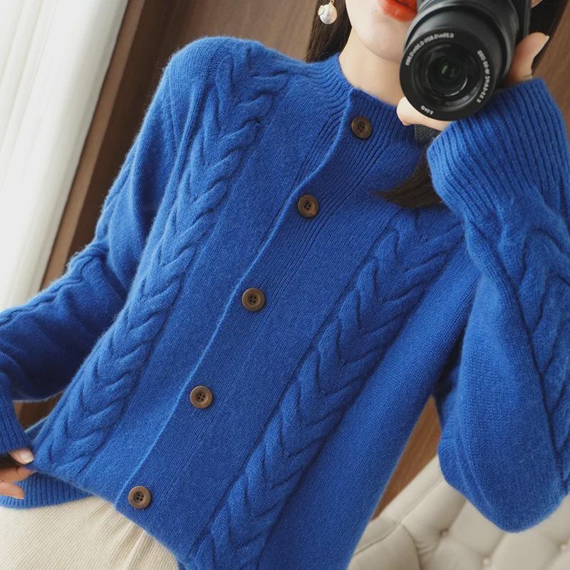 Women's V-Neck Sweater Jacket - Thick Knit Cardigan for Spring and Autumn 2024