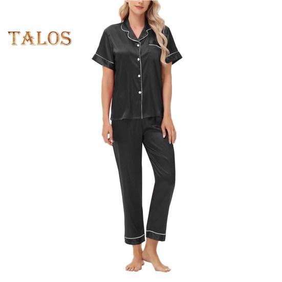 Пижамный костюм из 2 предметов, однобортный, из атласа, шелка, большого размера, кардиган, рубашка с V-образным вырезом, воротник-стойка, однотонная рубашка, широкие свободные брюки, ночная рубашка