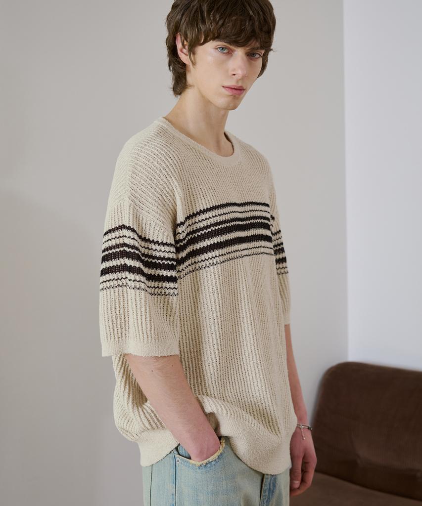 DRAW FIT Boucle Edge Stripe Half Knit [Cream]