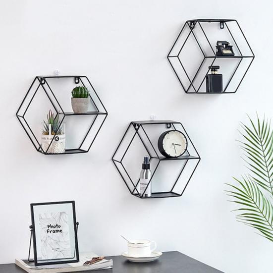 Металлическая шестиугольная настенная полка для хранения, украшение для гостиной, спальни