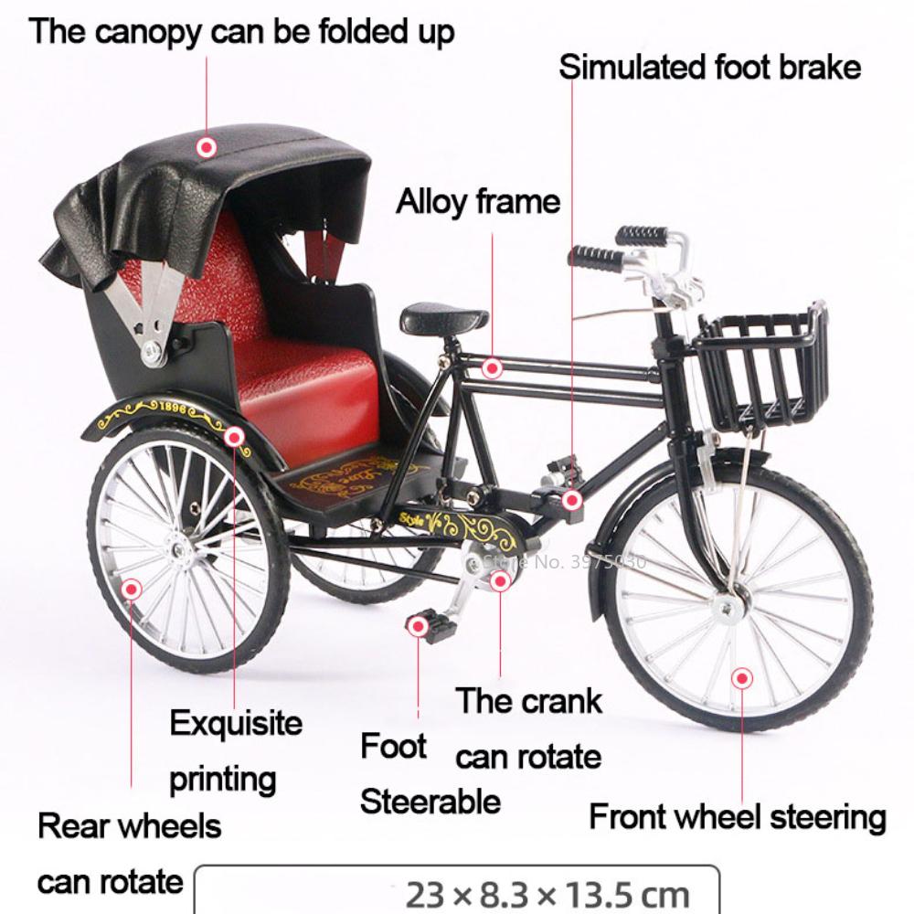 1/10 Scale Alloy Classic Retro Rickshaw Car Model Diecasts Metal Tricycle Handcart Vehicles Model Simulation Children Toys Gifts