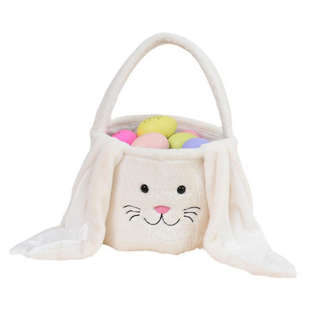 Easter Bunny Basket Seasonal Small Fur Elegant Bunny Display With Fluffy Ear Plush Bunny Face Easter Bucket Kids Gift Treat Bag