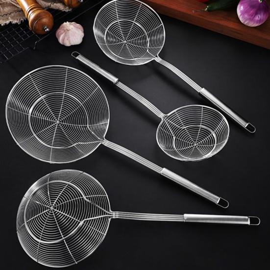 Ложка с прорезями из нержавеющей стали, мелкая сетка, защита от ожогов, длинная ручка, термостойкая жарка, сито для жарки пищевого масла, жира, скиммера