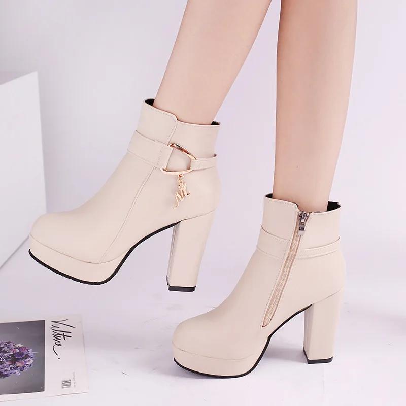 Autumn Winter Women Fashion Ankle Boots New Warm Velvet Chunky High Heels Shoes Snow Boots Comfort Soft Leather Cotton Shoes