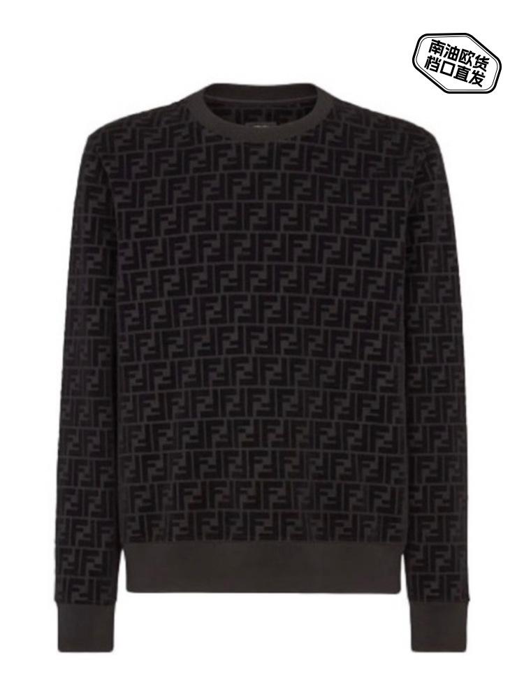 Unisex Black Jacquard Knitwear Sweatshirt with Letter Design, Long Sleeve, Round Neck