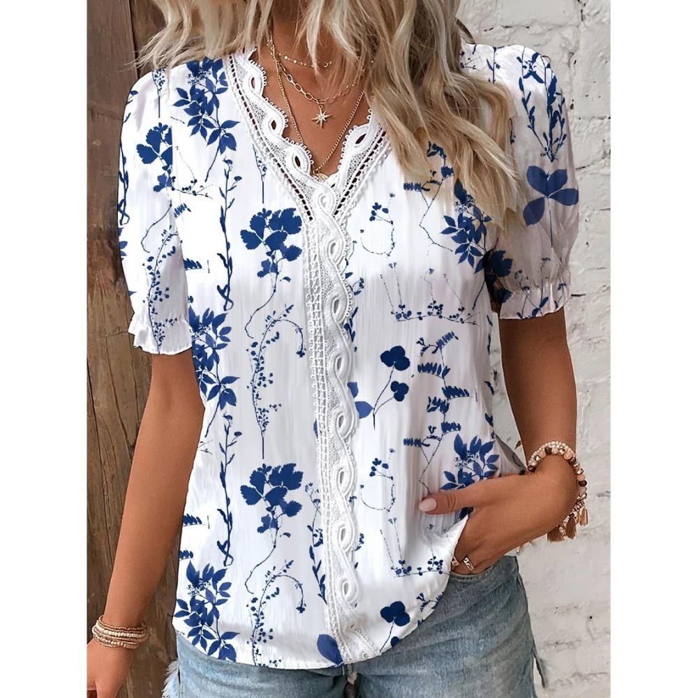 Summer V Neck Short Sleeve Lace Patchwork Blouse Women's Floral Print Tops