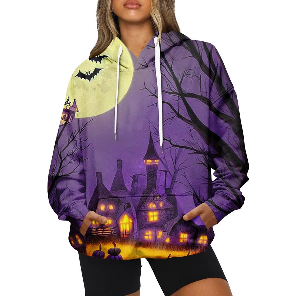 Женская модная повседневная толстовка с капюшоном и принтом на Хэллоуин с длинными рукавами