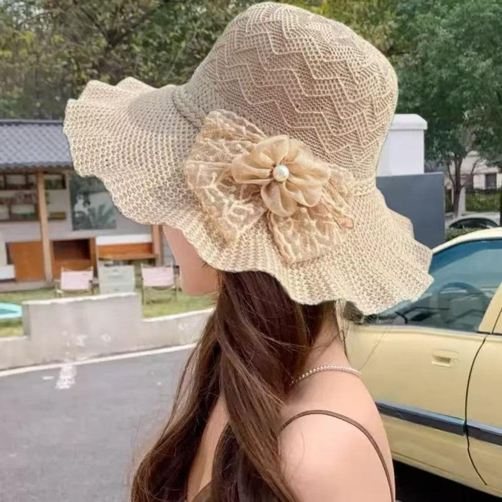 Lace Bow Wide Brim Knitted Hat Solid Color Beach Sun Hat Fashion UV Protection Cap Travel