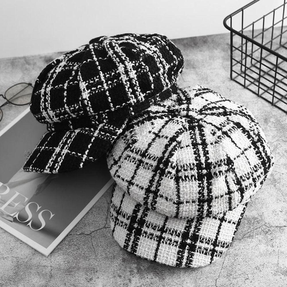 Для Девочек Корейский Стиль Осень Для Женщин Женщин Козырьки Кепка Шляпа Художника Восьмиугольная Кепка Клетчатый Берет