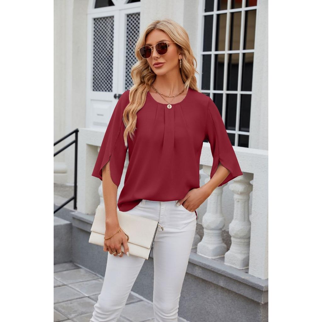 Solid Colour Round Neck Five-quarter Sleeve Short Sleeve,loose Chiffon Shirt Tops for Women