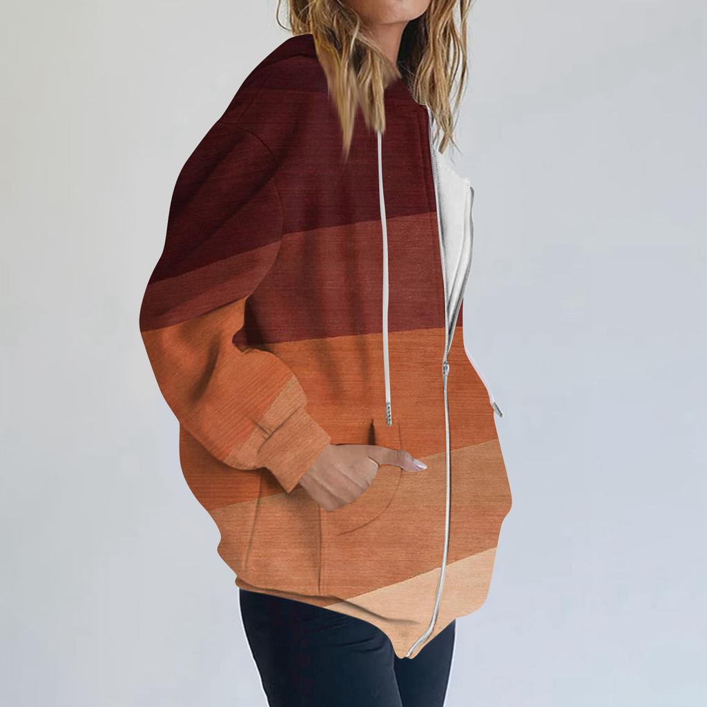 Women's Long Sleeve Print Sweatshirt Long Sleeve Pocket Jacket Zipper Hoodie Coat