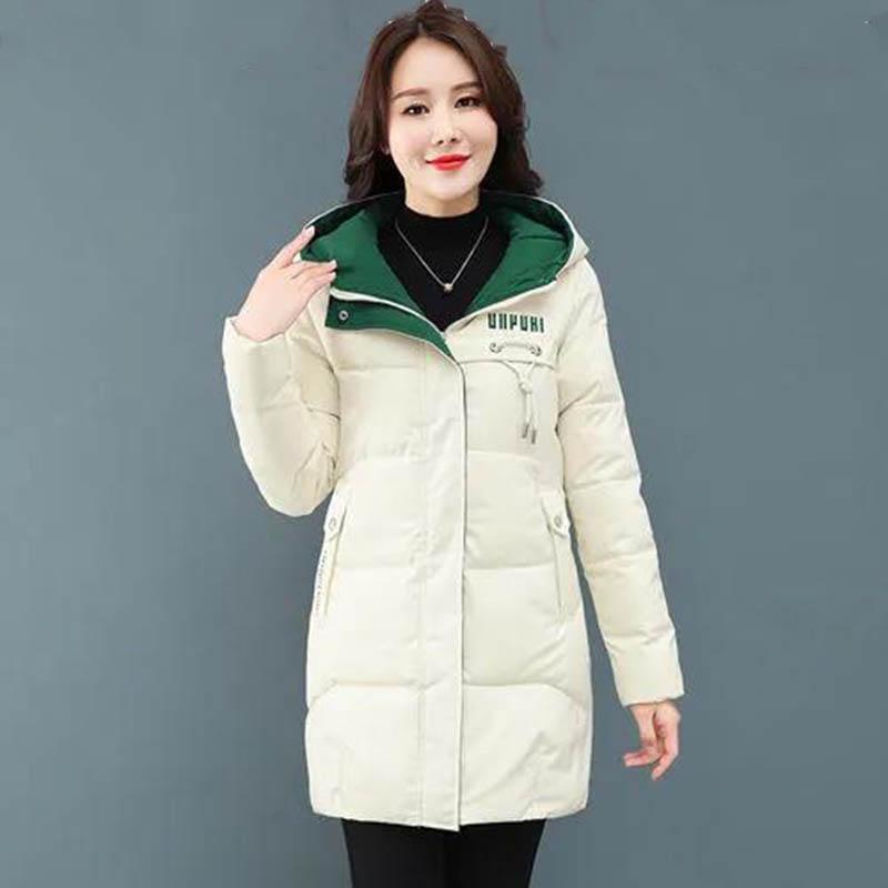 Plus Size  Winter Casual Hooded Jacket Parkas for Women Warm Letter Print Long Female Coat Zipper Outerwear