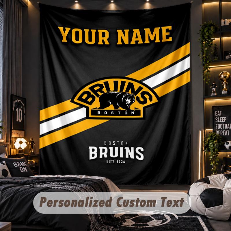 TapestryBoston Bruins Custom Name Text Personalized Wall Hanging Tapestry Home Wall Decor