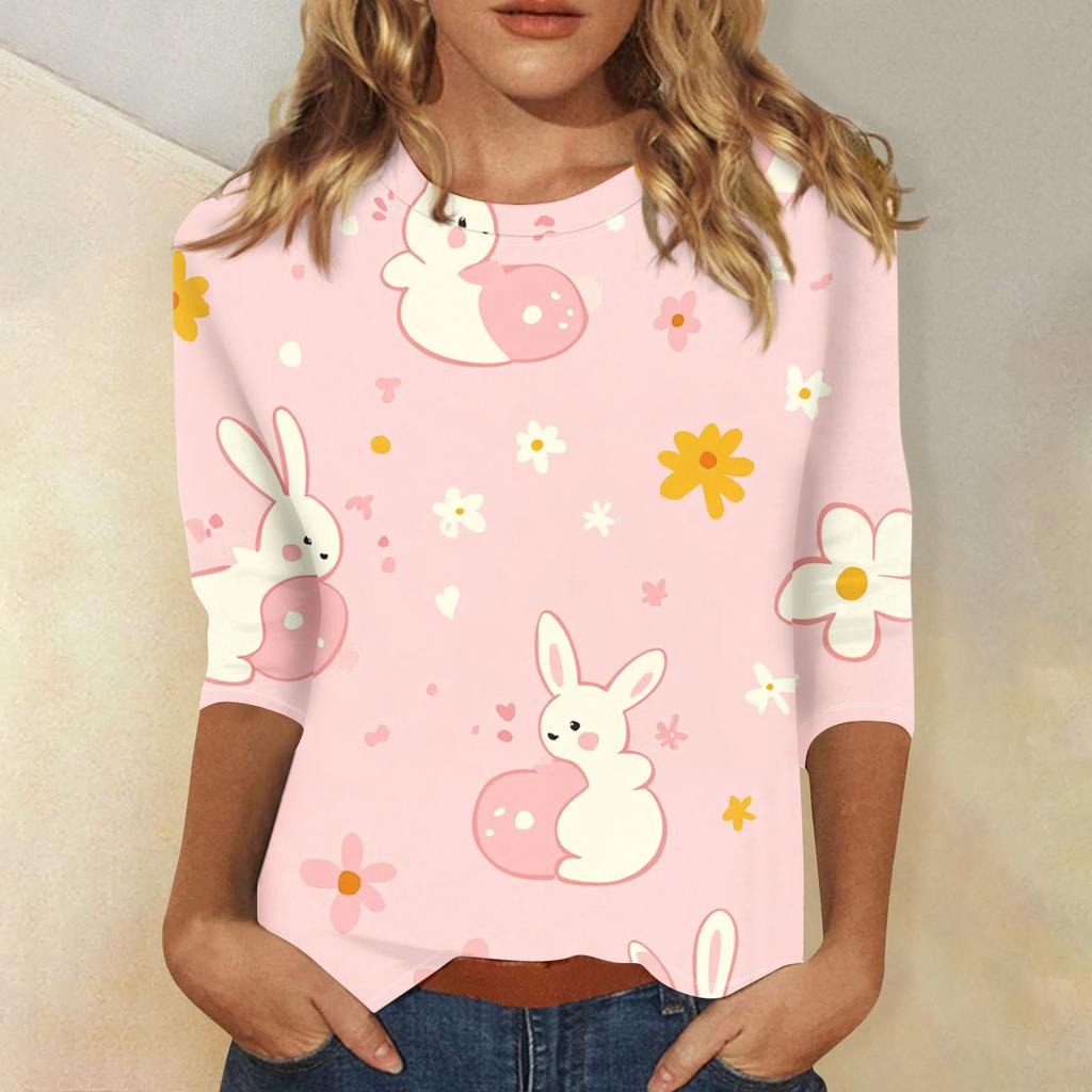 3/4 Sleeve Top Women's T-shirt Casual Easter Print Top T-shirt Crew-neck Jumper