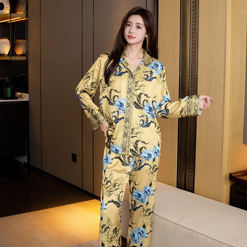 Satin Pajamas for Women Spring and Fall Long-sleeved Trousers Chinese Style Printed Comfortable Home Pajamas Set