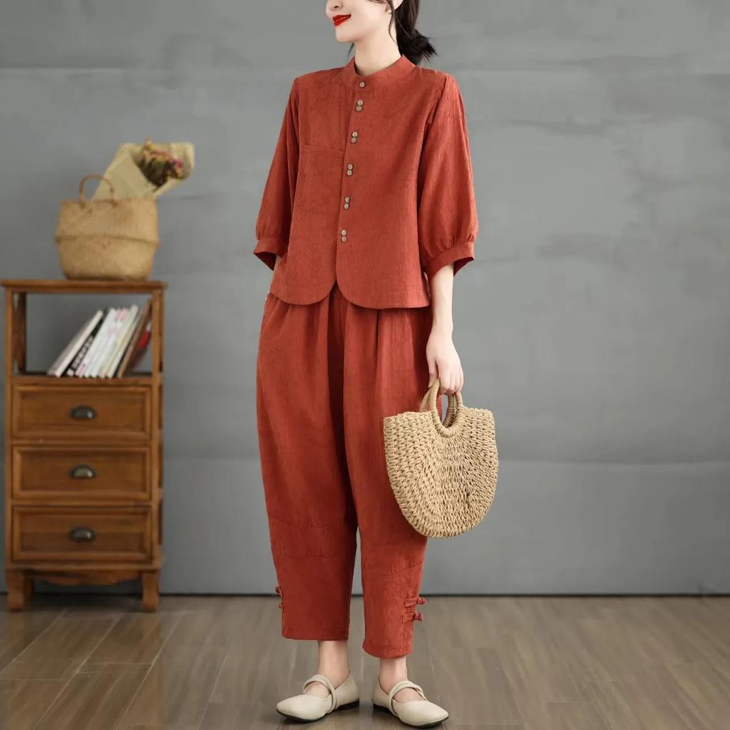 Льняной костюм в китайском стиле, женская летняя свободная модная рубашка + брюки-шаровары, костюм из двух частей