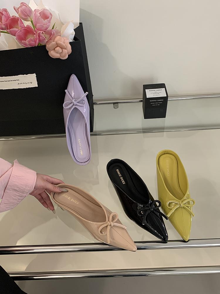Женская обувь с острым носком Новинка 2025 Туфли-лодочки Женские Туфли на низком каблуке Мюли Бант-бабочка Туфли на невысоком каблуке Слайды