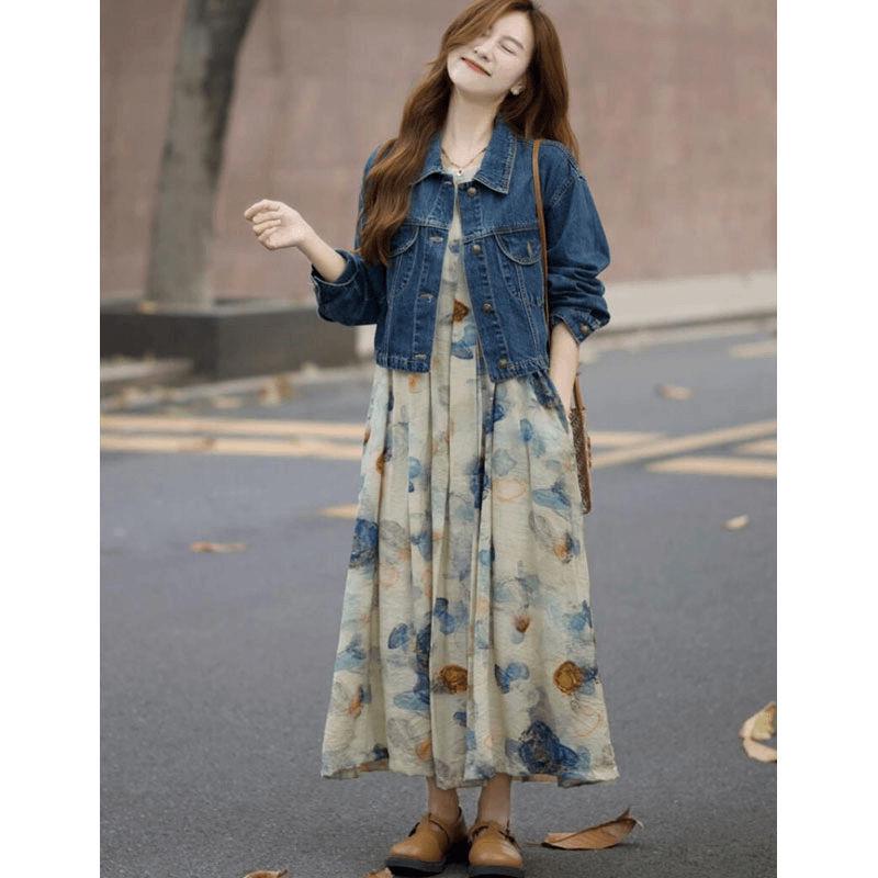 Комплект платьев с цветочным рисунком маслом весна 2025 года - модный, элегантный, бросающий вызов возрасту