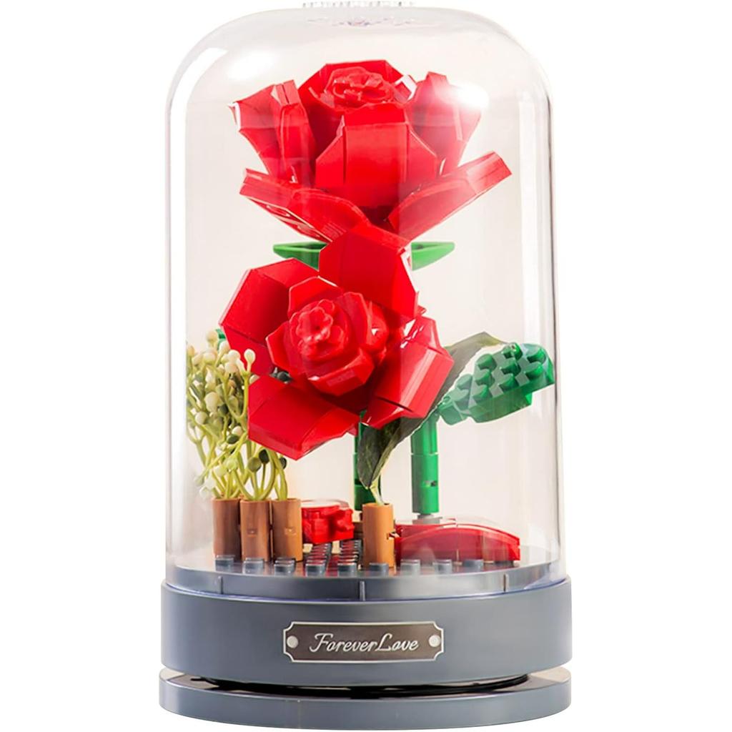 Building Blocks Flowers Bouquet Set with Music Box and Dust-Proof Dome,Simulation Particle Flower Collection Construction Building Bricks Toy