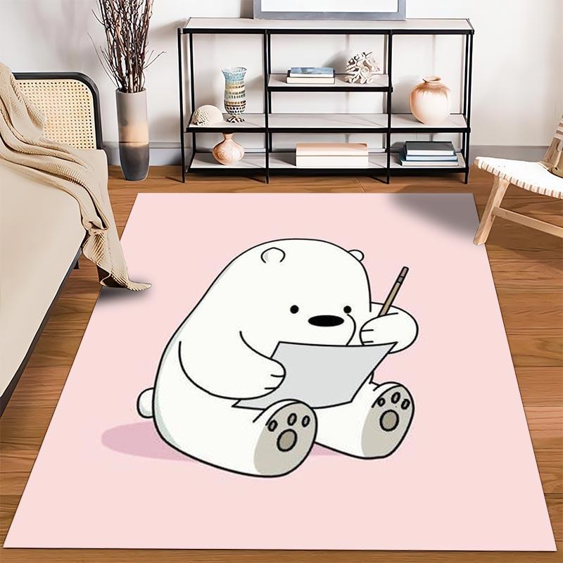Cute White Bear Cartoon Drawing on Pink Background Soft Decorative Carpet Rug Suitable for use as an anti-slip1 for1room and bedroom sofas
