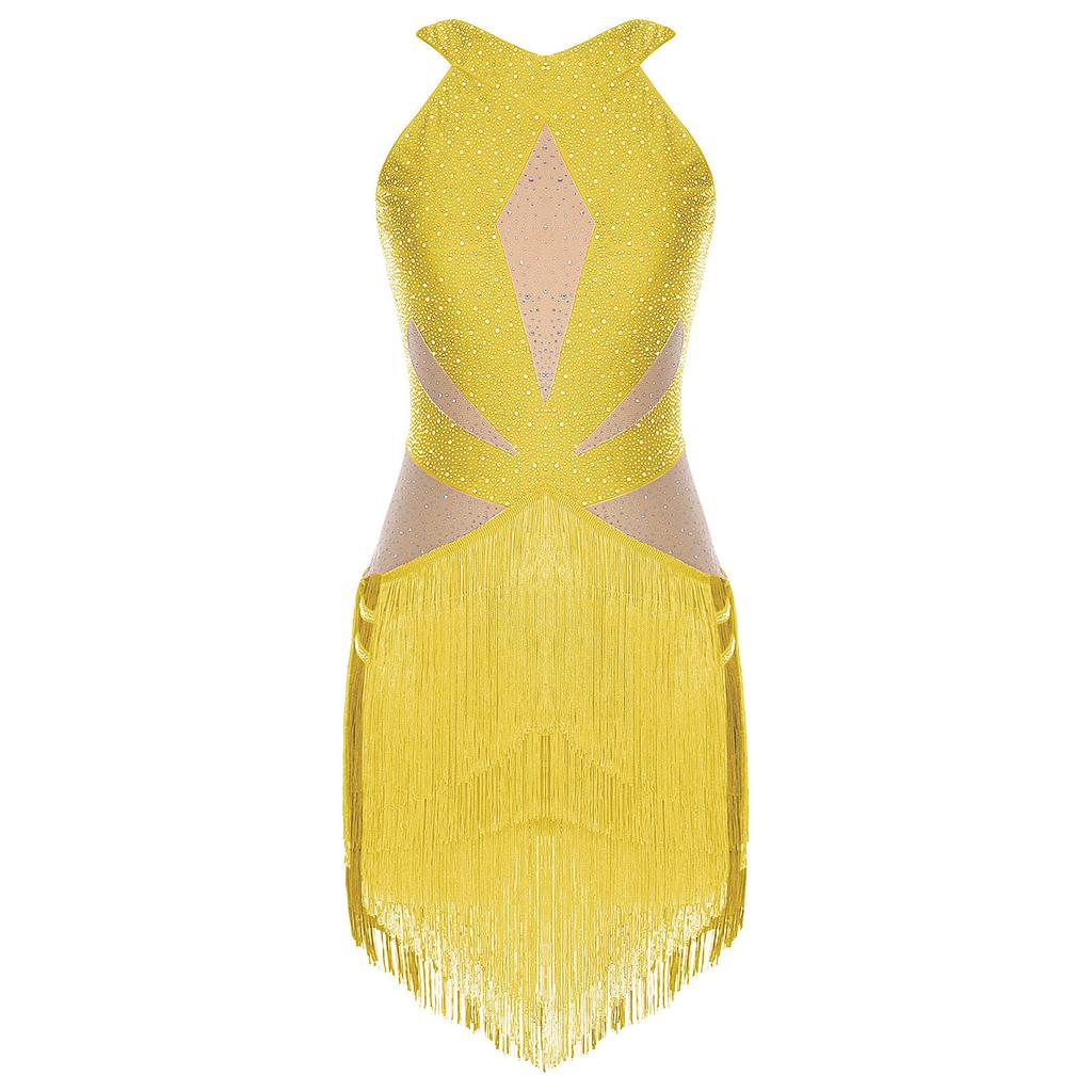 Womens Latin Tango Dance Leotard Allover Rhinestones Backless Tiered Tassel Contrast Color Bodysuit Performance Jumpsuit