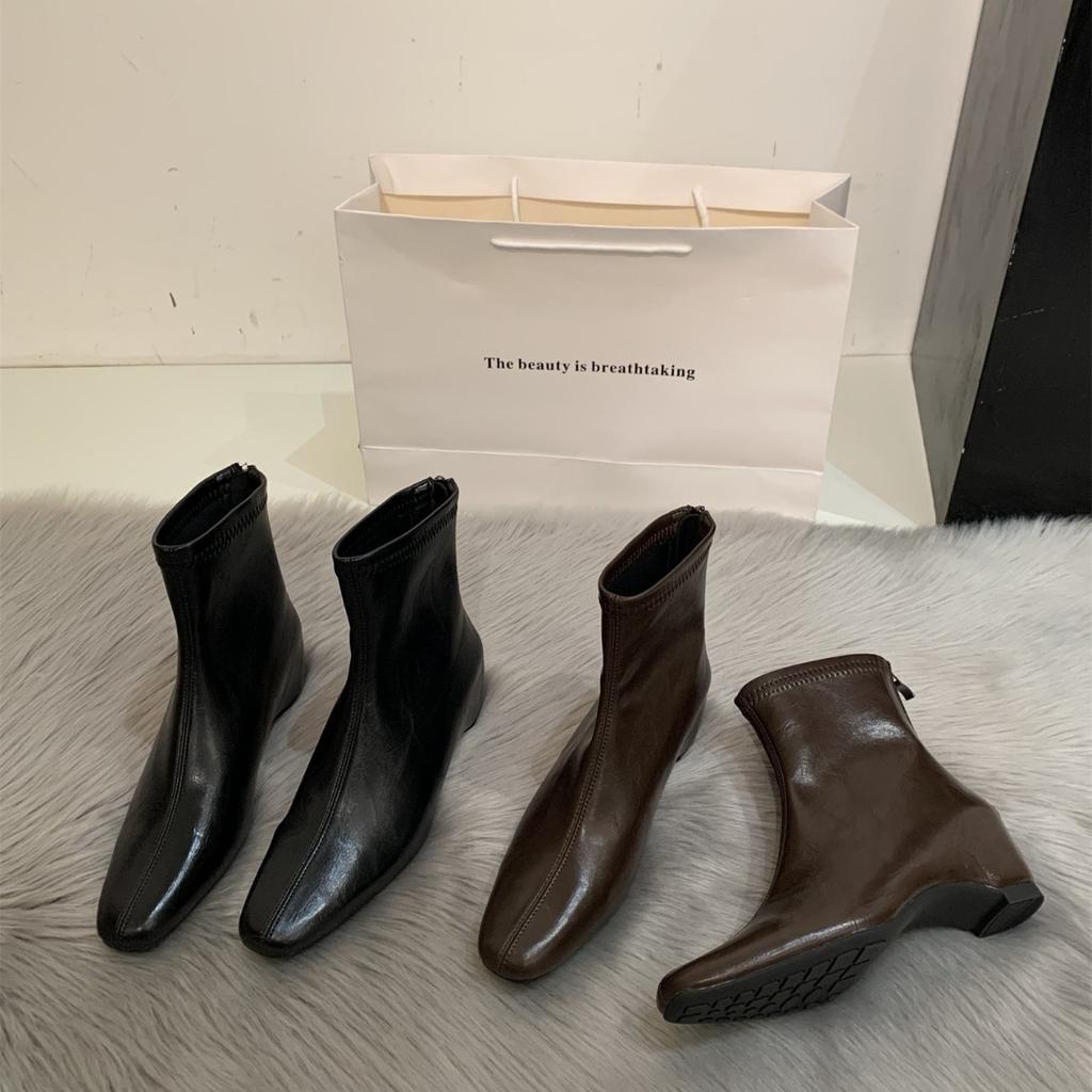 French commuter temperament soft leather square head thin elastic thin boots autumn and winter short boots women's thick heel medium heel Martin boots