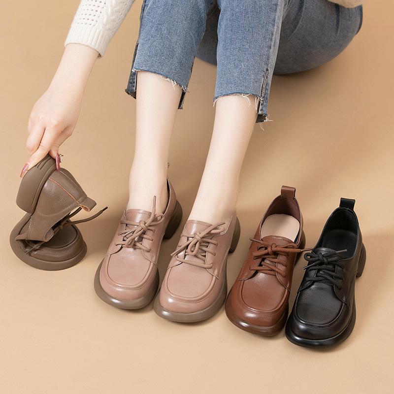 Модная платформа GKTINOO Женская обувь из натуральной коровьей кожи с круглым носком, шнуровкой и массивной подошвой, женская обувь на низком каблуке, ручной работы, больших размеров